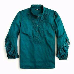J.Crew Ruffle-Sleeve Popover Top with Embroidered Eyelet Green Cotton Small